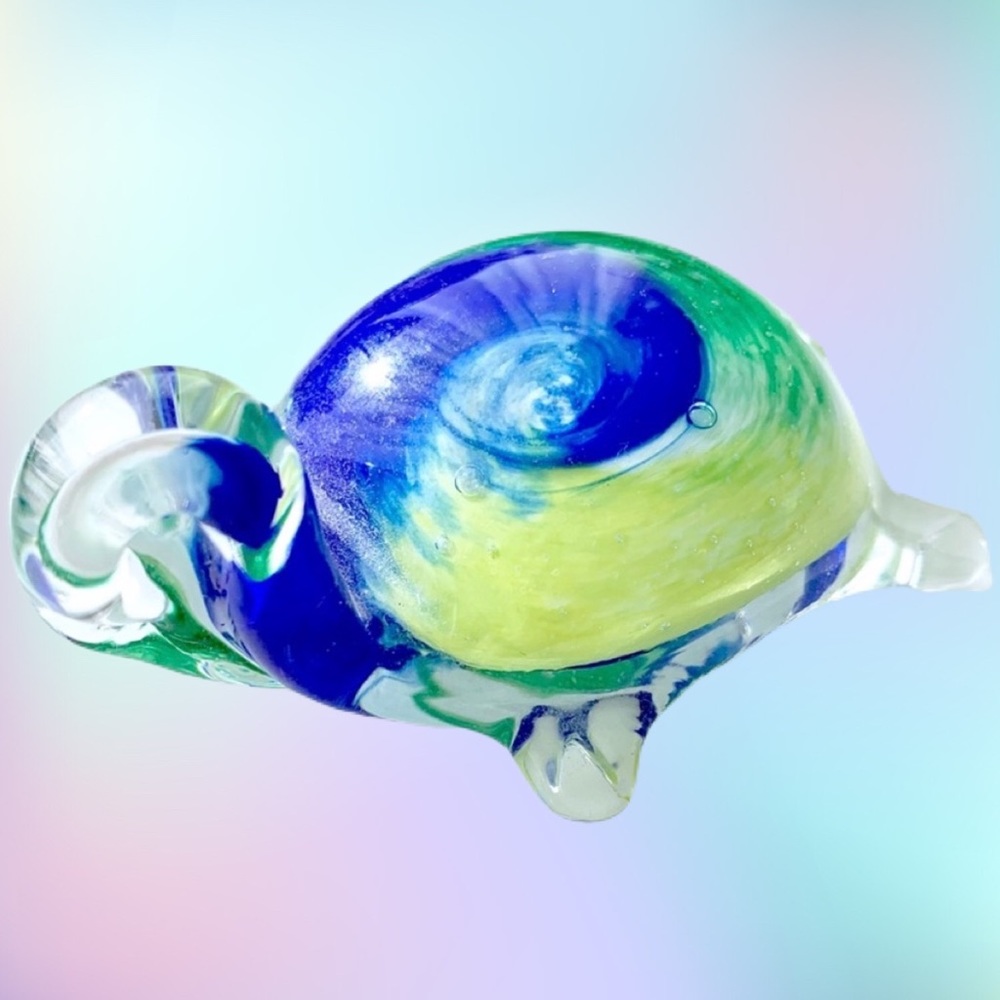 SOLD Blue Green Yellow Art Glass Mini Turtle Paperweight Ocean Cayman Islands - Picture 1 of 6
